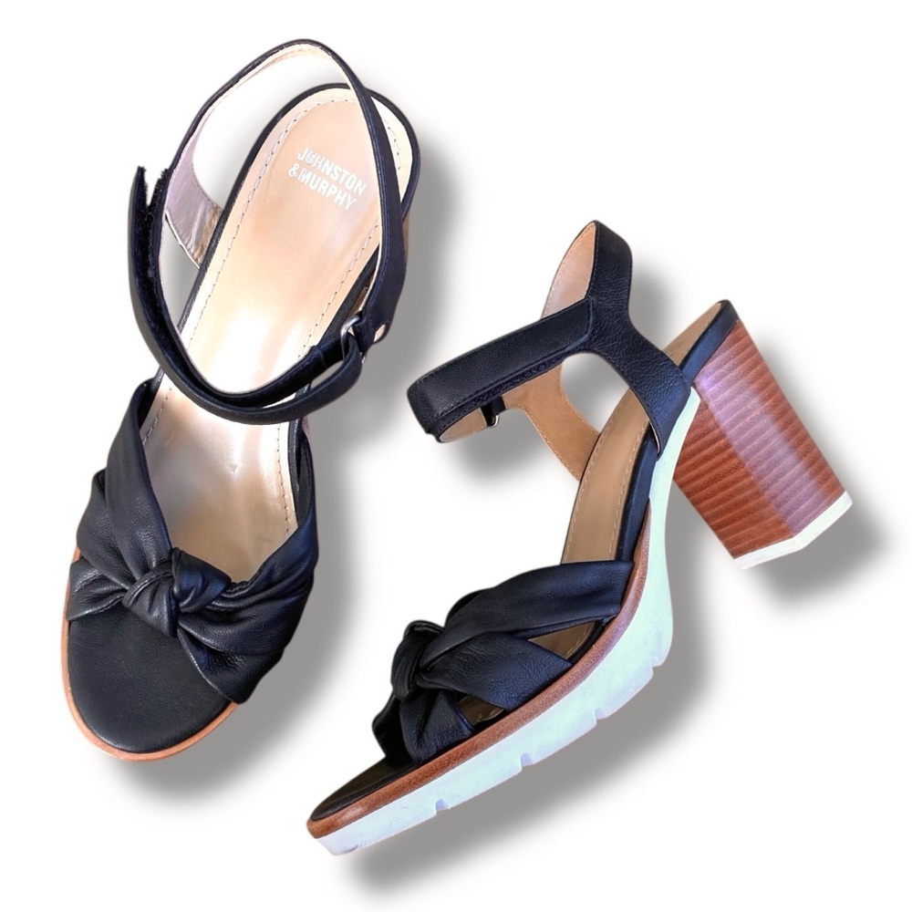 Johnston & Murphy Kaci Ankle Strap Sandal Sz 7.5M Black Leather Block Heel